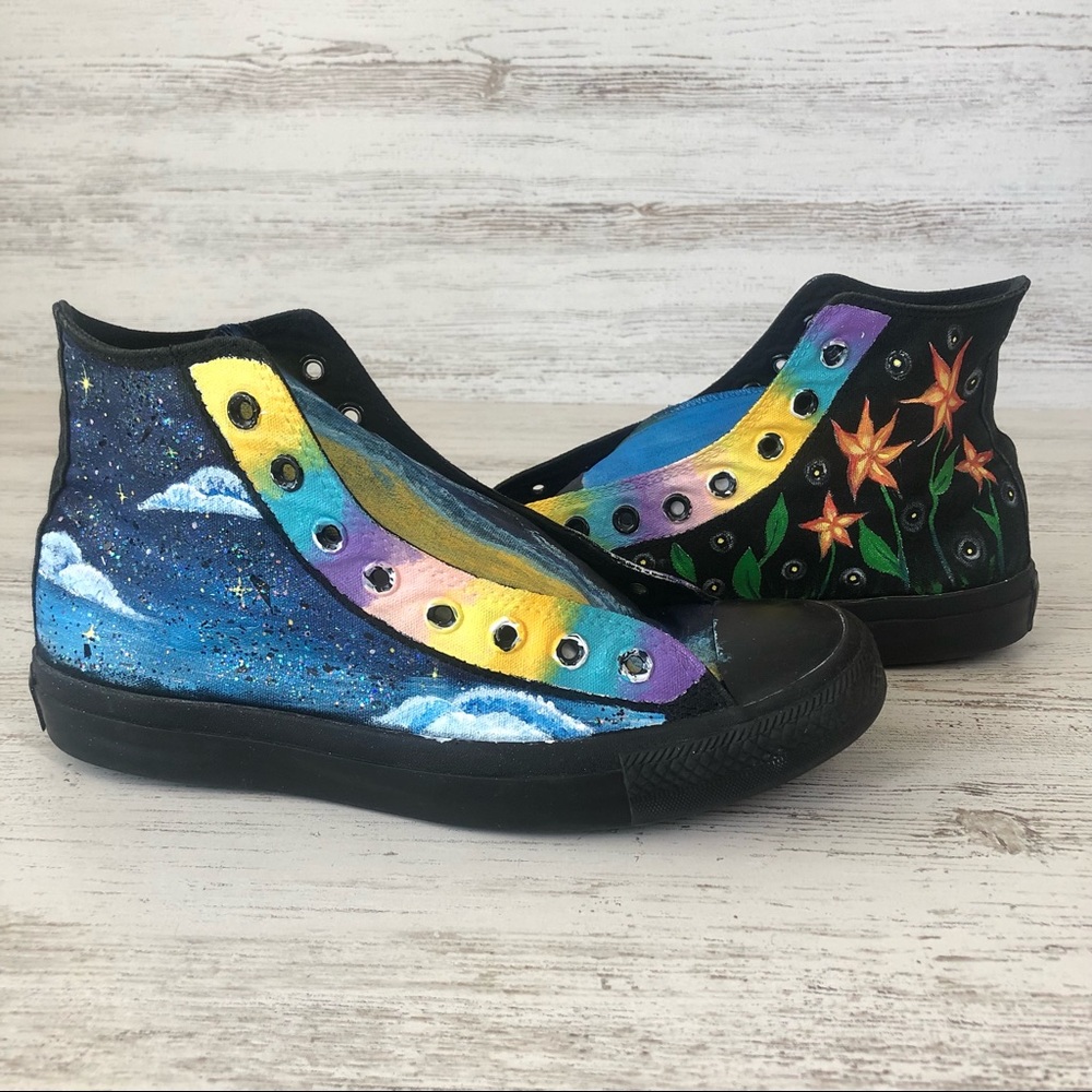 CONVERSE Hand Painted Custom Art to Wear High Top All Stars 9 Rainbow Celestial
